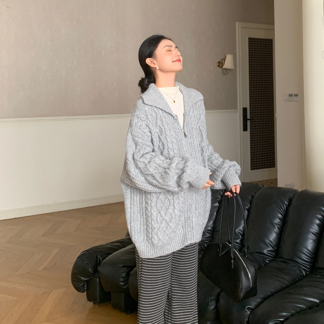 ZMA孕妇装【绞花毛衣三件套】秋冬新款拉链毛衣宽松横条裤冬装慵懒