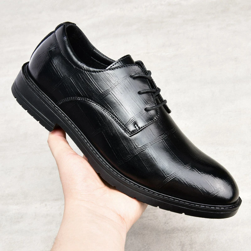 男鞋系带胶粘纯色休闲皮鞋软底韩版黑色男士时尚商务百搭23820