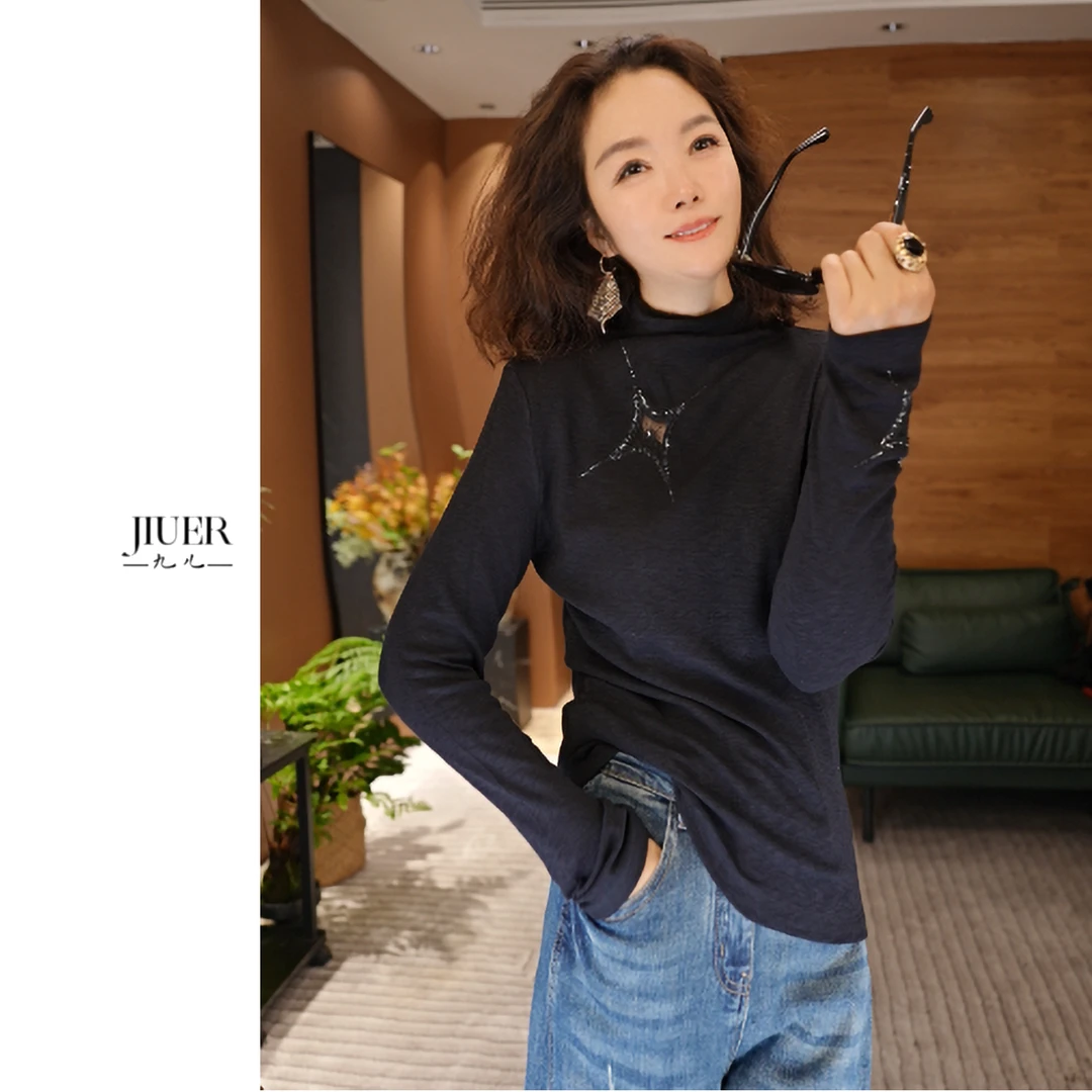 JIUER【幸运星】软糯厚款打底衫烫钻设计纯色长袖显瘦内搭9983