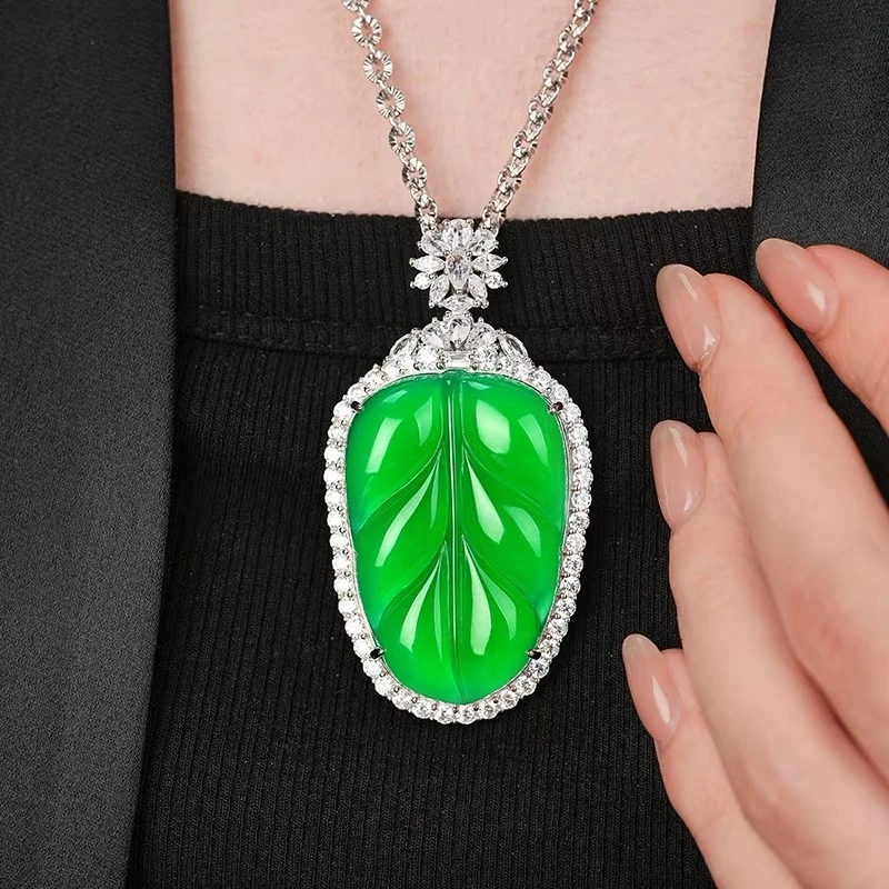 精致链子项链精美叶子高冰金枝玉叶绿叶子吊坠
