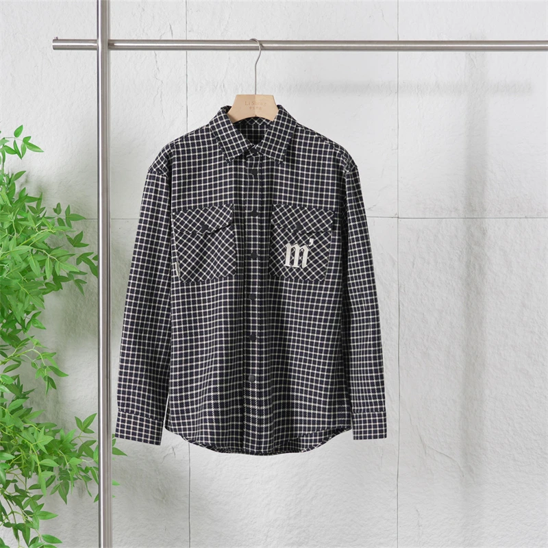 春秋季男士剪标款格纹休闲翻领夹克百搭时尚绣花衬衫外套3Y143