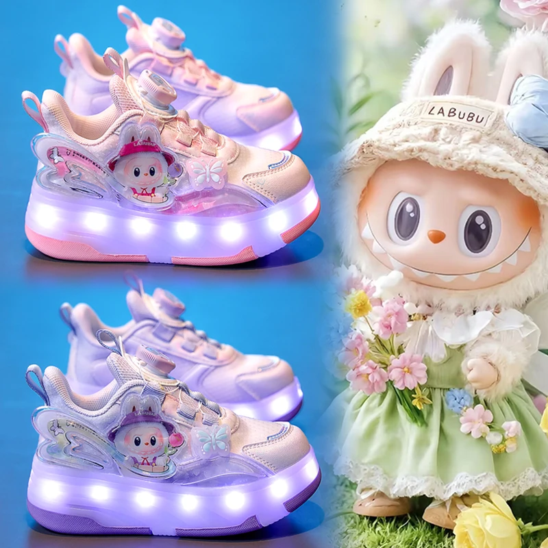 拉布布儿童暴走鞋女童四轮可收秋款运动轮滑鞋公主隐形发光溜冰鞋