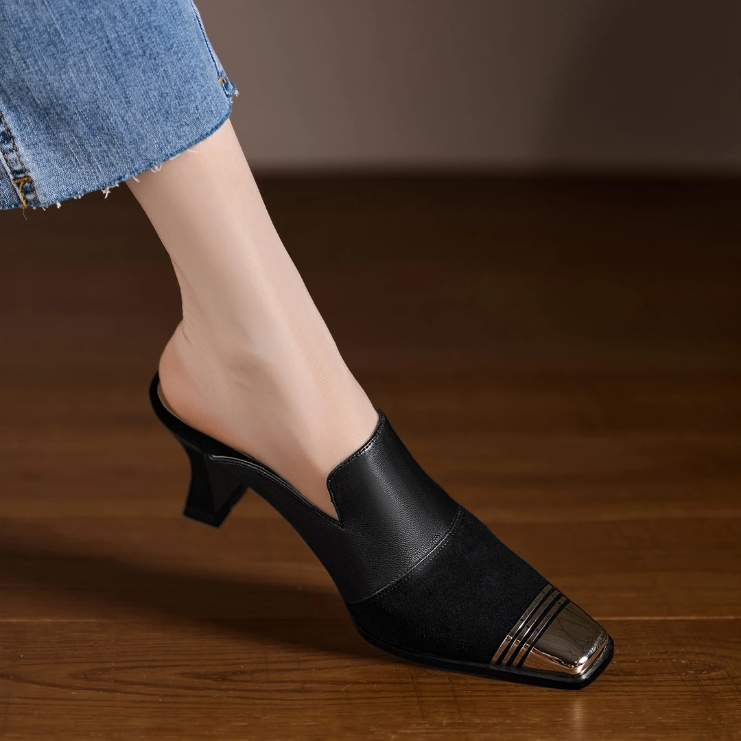 小个子久穿不累脚气质高跟鞋粗跟包头半拖鞋女外穿凉拖鞋金属铁头