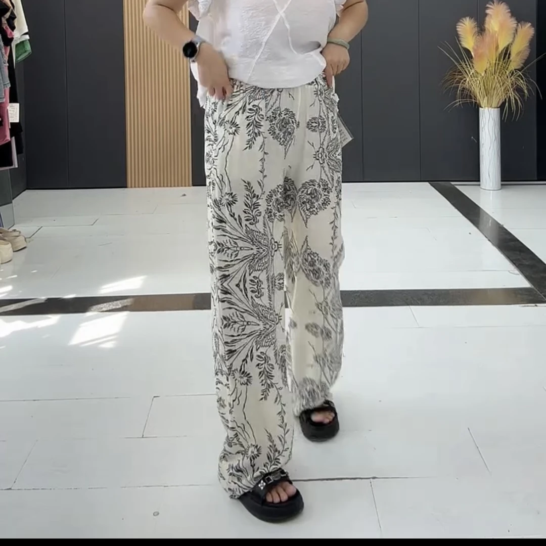 鑫家130早秋新款阔腿裤女长裤印花图案大码女裤松紧腰