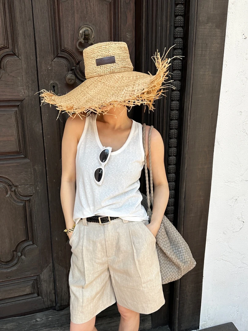 亚麻宽松中裤休闲短裤(配腰带)  OH254