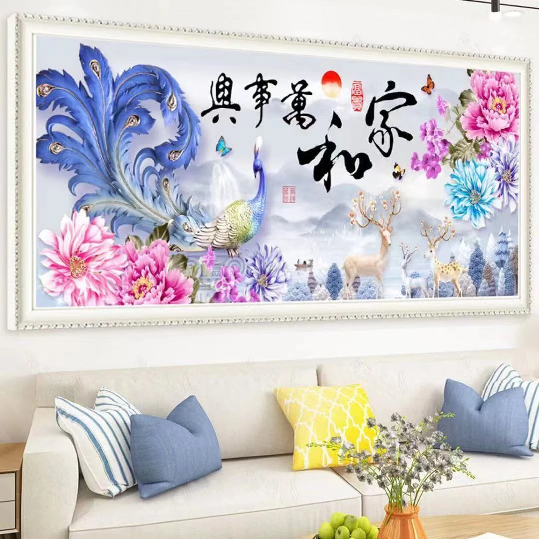 纯手工绣好的十字绣成品家和万事兴凤凰牡丹发财鹿客厅装饰画出售