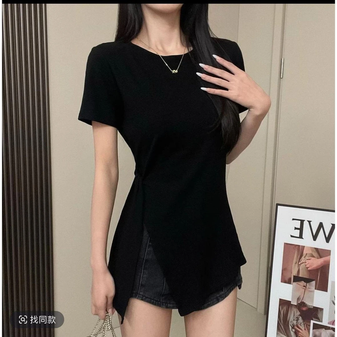 大码胖mm不规则设计款侧开叉短袖T恤女夏季2025新款显瘦正肩上衣