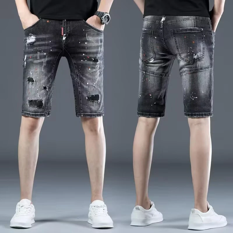 破洞牛仔短裤男夏季2025新款补丁泼墨痞帅中裤青年弹力修身五分裤