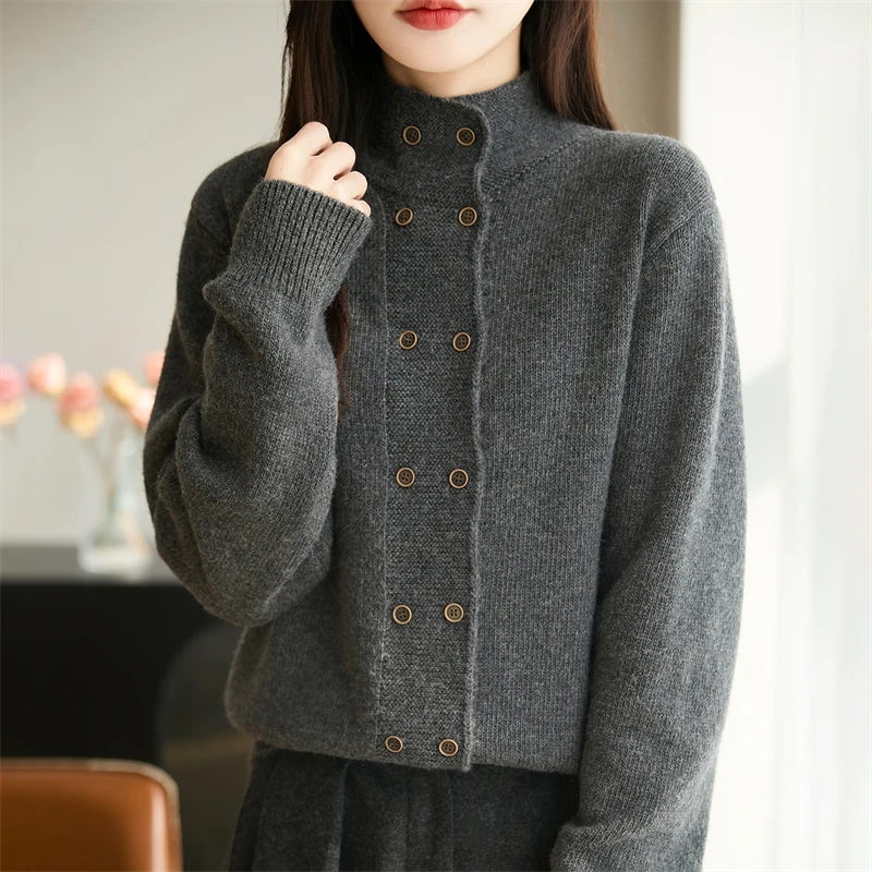 哥弟阿玛施正品冬季新款纯色半高领双排扣针织衫洋气时尚休闲百搭