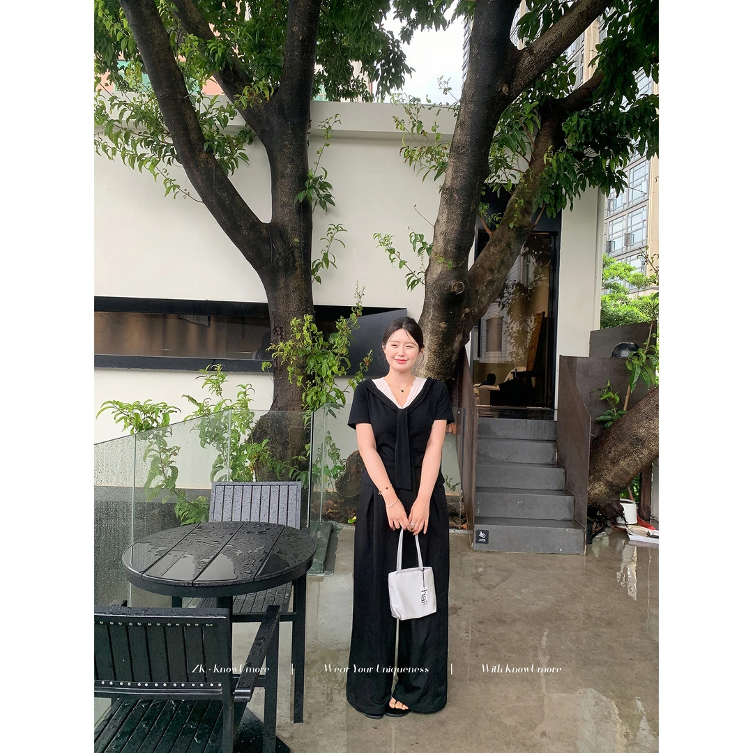 知葵微胖定制【漫度周末】黑色法式V领蕾丝拼蝴蝶结T恤12253T1284