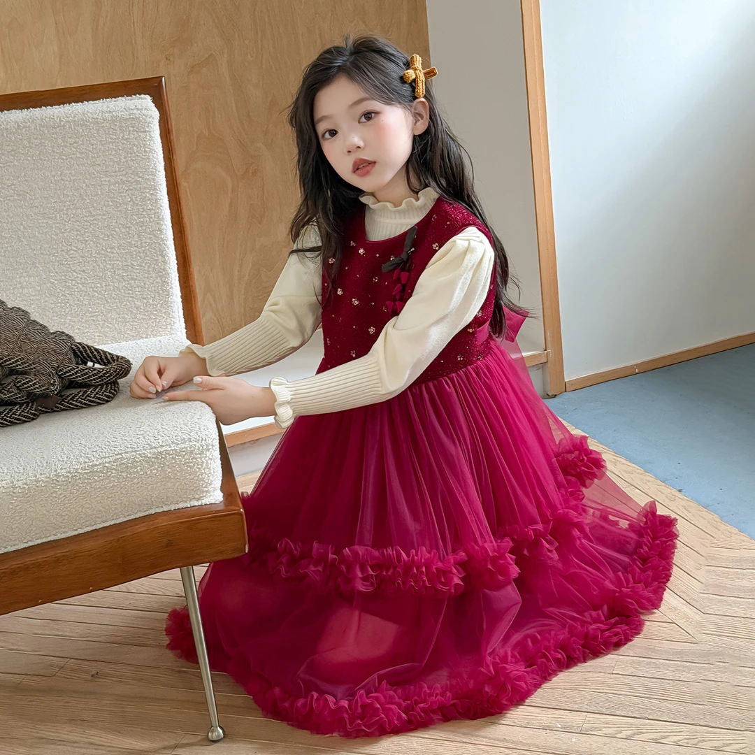 女童秋冬背心裙套装2025过年衣服儿童新年装连衣裙拜年服公主裙子