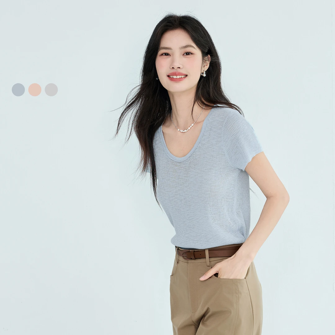 伊芙丽U领纯色显瘦不规则下摆短袖百搭T恤针织衫女夏装1G4930731