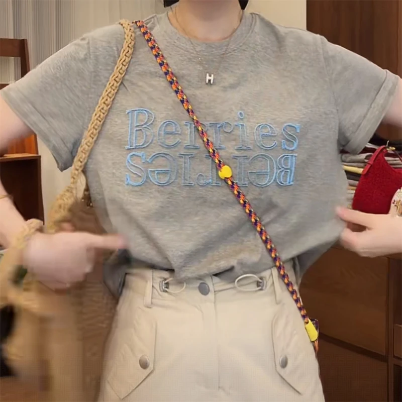 美式百搭刺绣短袖t恤女2025年夏季新款宽松显瘦潮流遮肉正肩上衣