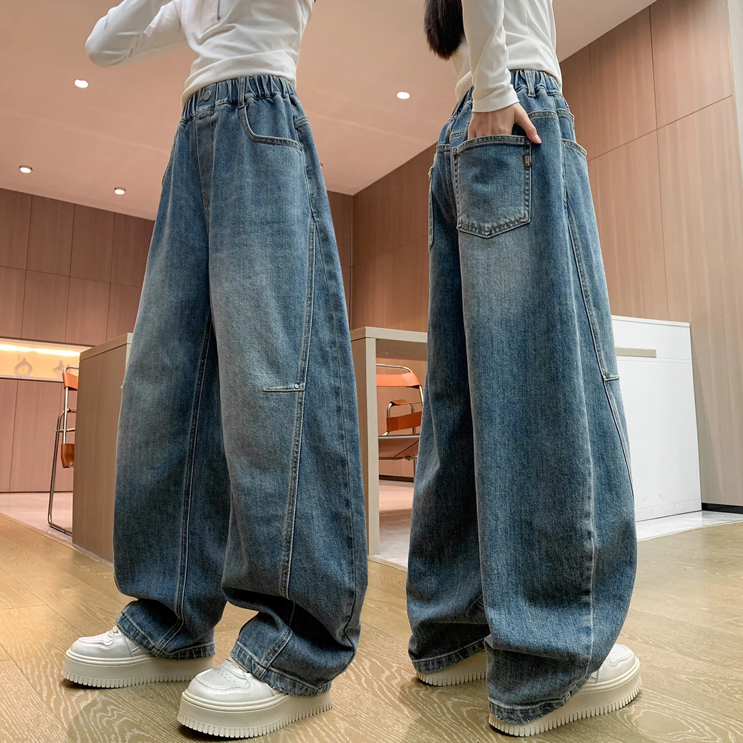 女童春秋款牛仔裤青少年2025秋季新款儿童弯刀阔腿裤女孩休闲长裤