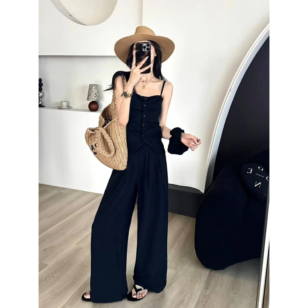 SP 设计感吊带背心上衣搭配休闲直筒垂感裤套装 配发圈