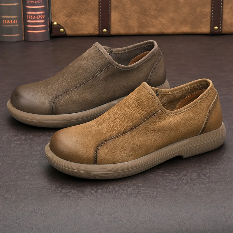 夏季复古皮鞋真皮拉链休闲皮鞋透气牛皮单层透气一脚蹬软皮软底