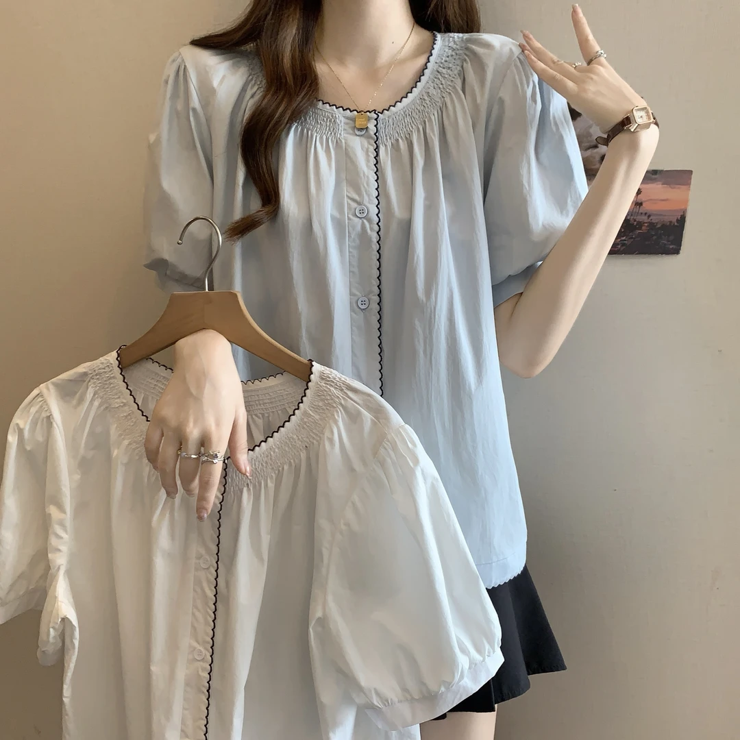 大码女装胖mm法式褶皱短袖衬衫夏季新款显瘦遮肚子独特别致上衣潮