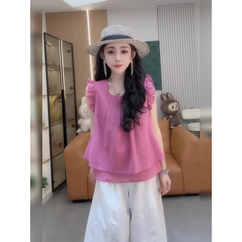 茶里茶气别致减龄粉色小飞袖上衣女夏季遮肚子今年流行的漂亮小衫
