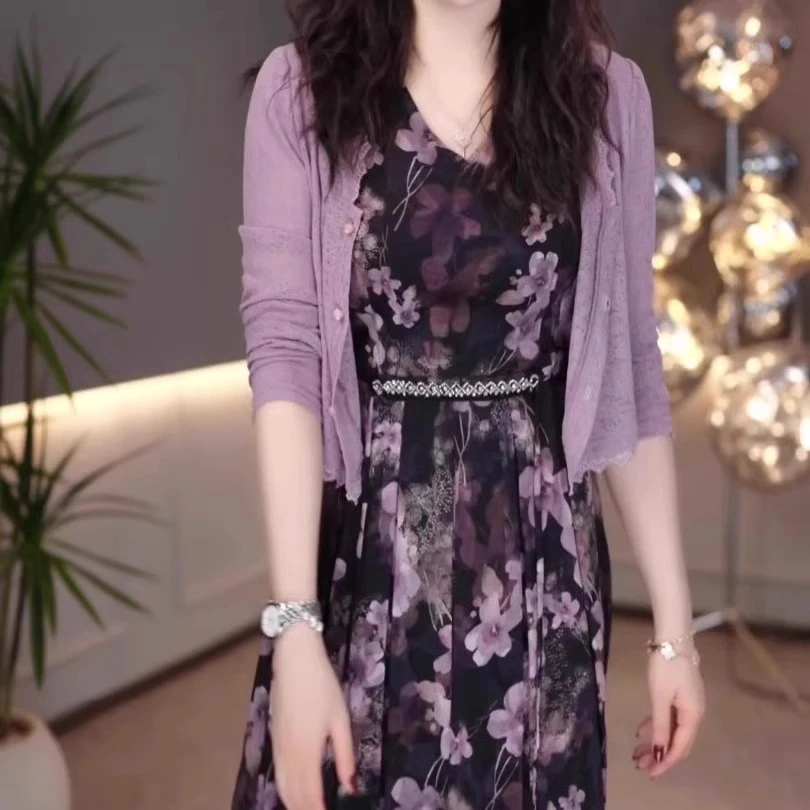 外披+背心裙2025春季薰衣草紫色温柔风穿搭女人味印花连衣裙M-4XL