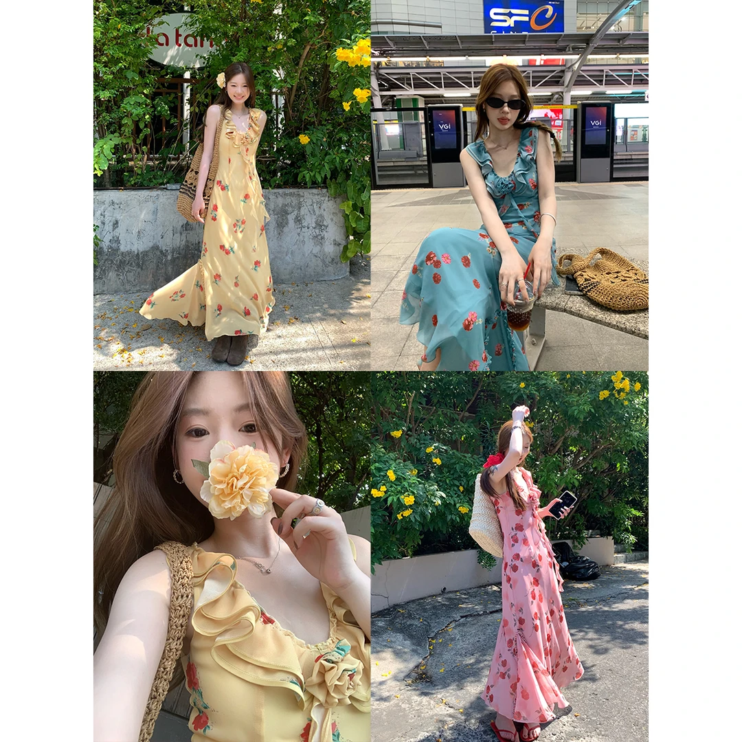 im向 暮色玫瑰园~V领荷叶边碎花雪纺假日感连衣裙