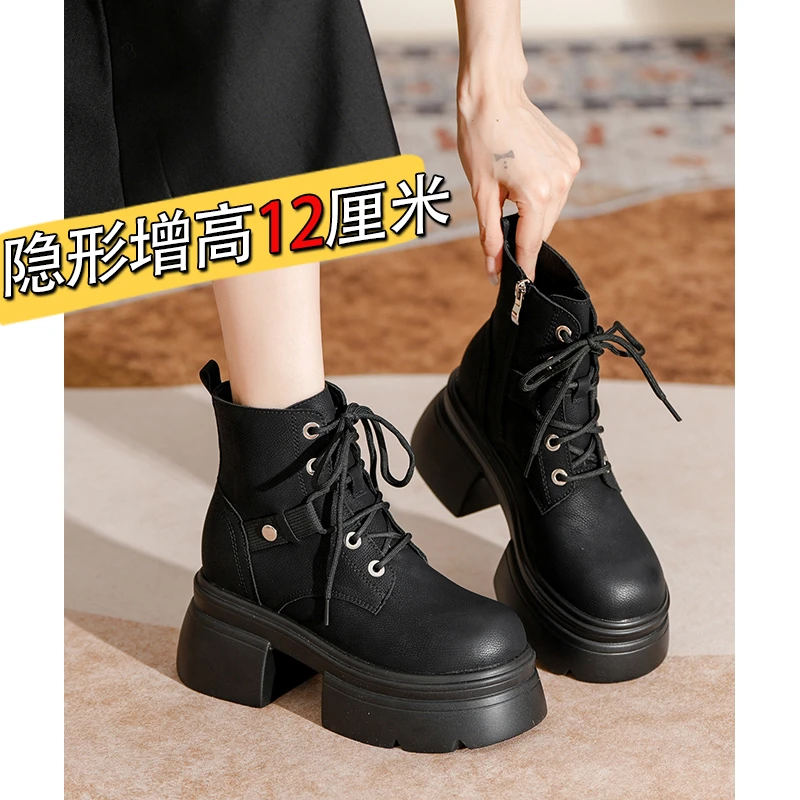 真皮马丁靴女2025春秋新款帅气工装超火短靴子厚底增高英伦风单靴