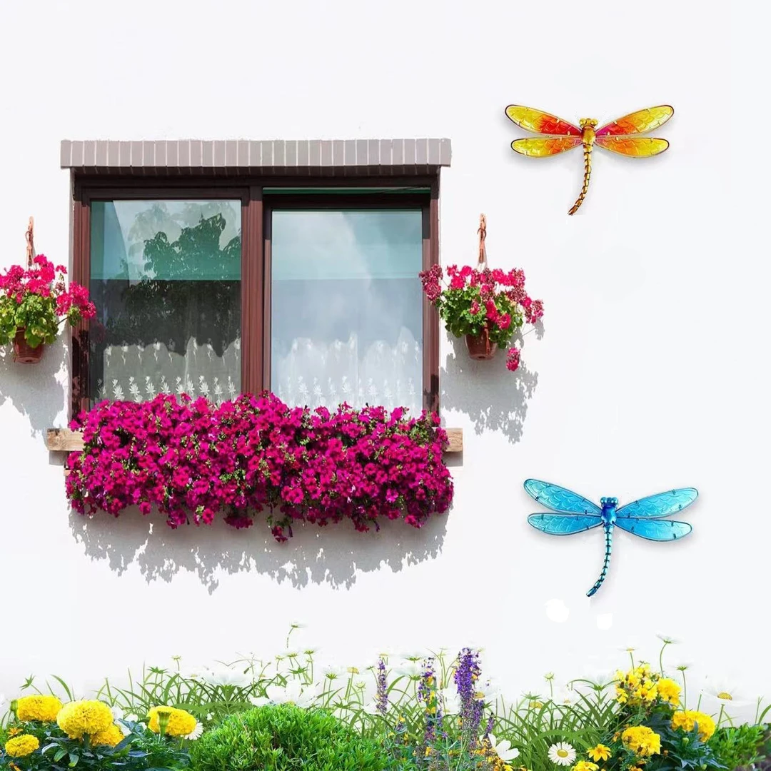 蜻蜓壁挂户外玻璃摆件园林铁艺家居摆件（2只一套）