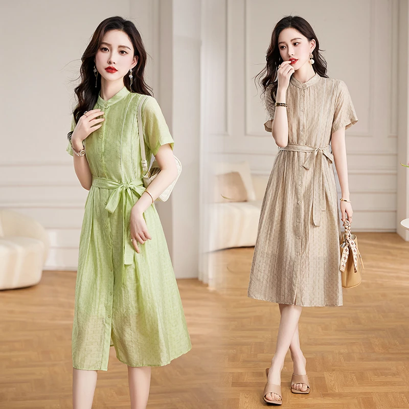 杭州重磅真丝连衣裙2025年新款夏季气质遮肚子显瘦收腰裙子