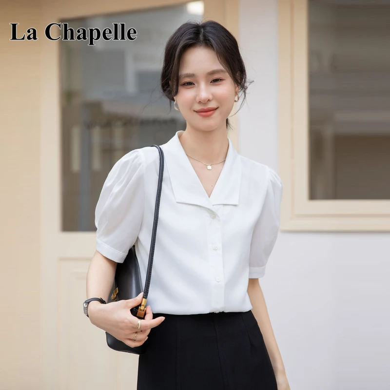 拉夏贝尔2025夏季新款职业装通勤时尚上衣女法式缎面薄款短袖衬衫