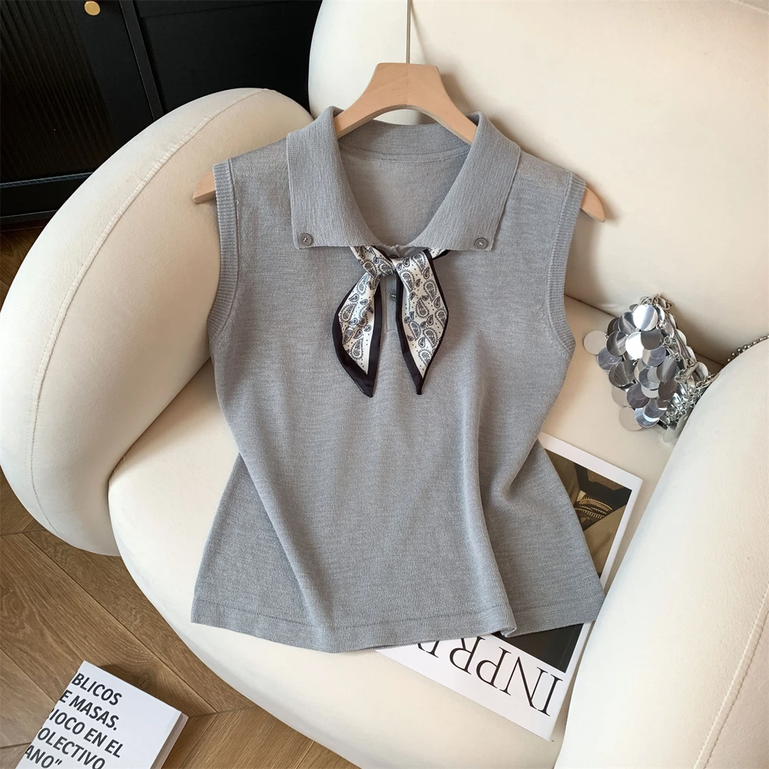 Polo领纽扣薄款配丝巾高级感无袖针织背心女2025夏季新款气质上衣