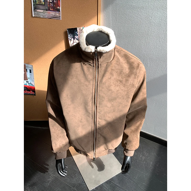 美式复古pu皮立领座山雕棉服男款冬季双色仿貂毛保暖加厚棉衣外套