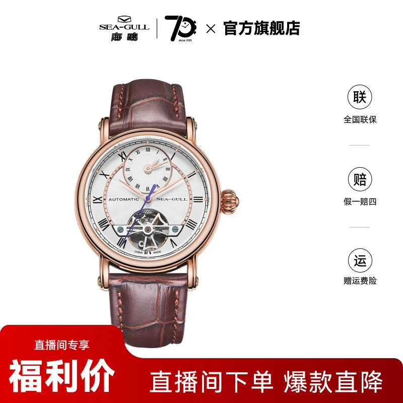 海鸥手表休闲天河偶时双时区自动机械表6041皮带飞轮系列男生表