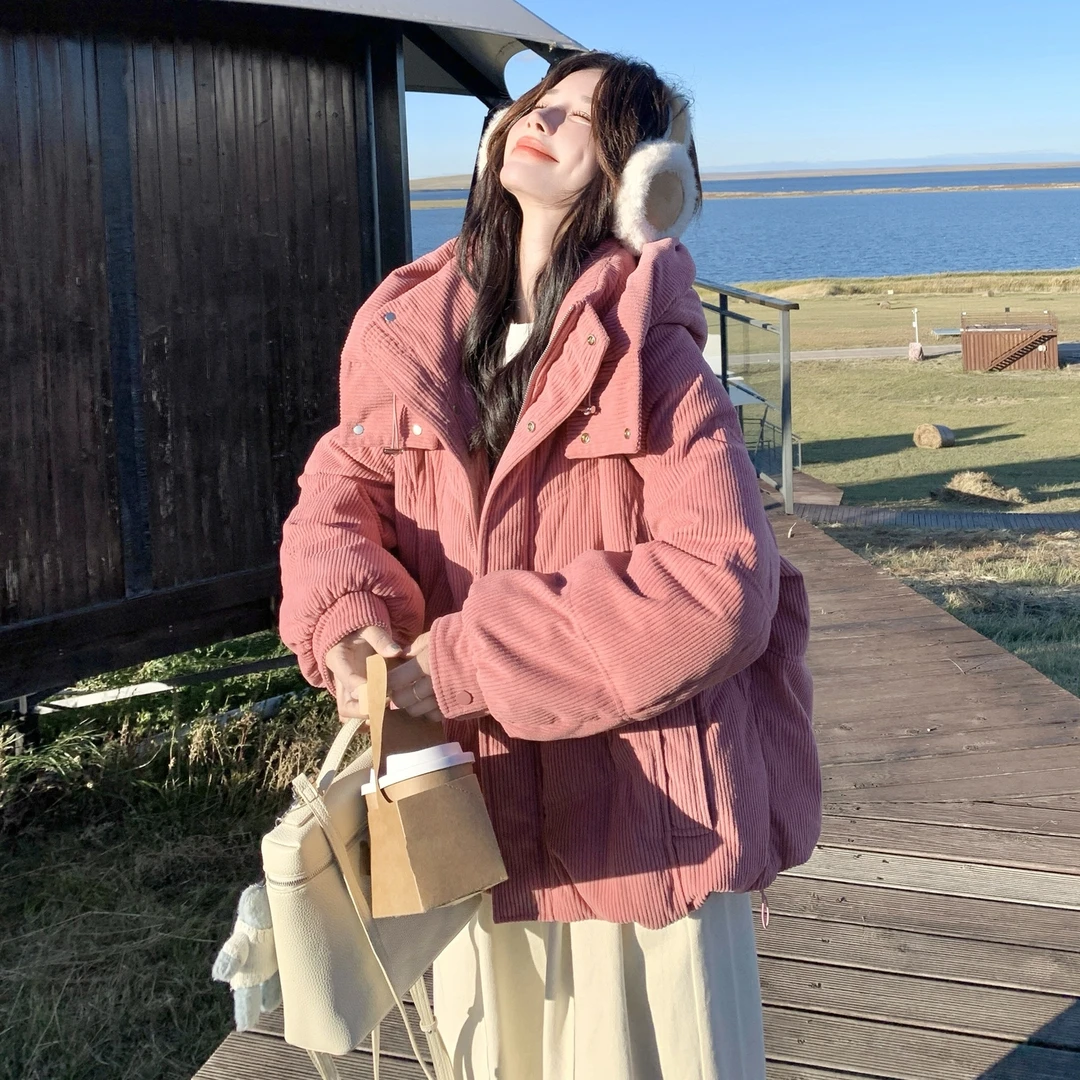 粉色甜美减龄灯芯绒羽绒服女2025冬季新款韩版减龄连帽白鸭绒外套