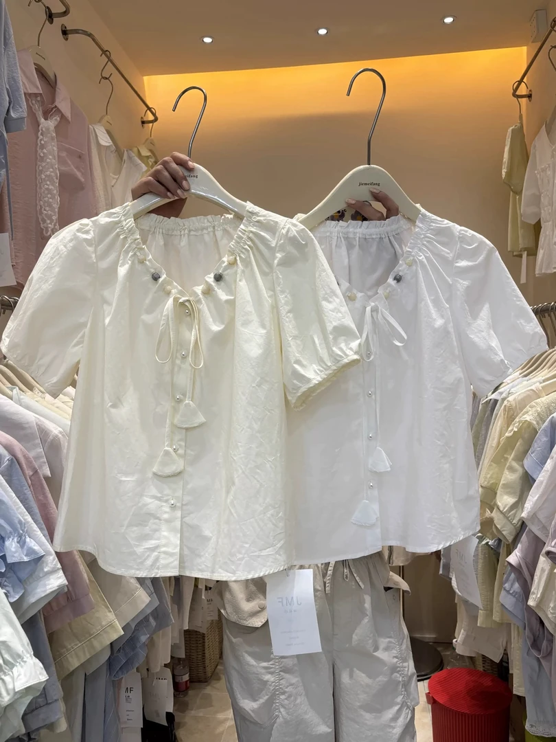 十三行新款韩版简约褶皱串珠抽绳系带短袖娃娃衬衫女显瘦上衣小衫