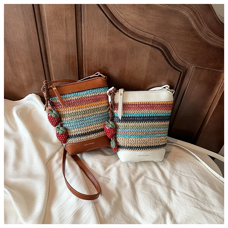 【盛夏彩虹】彩虹条纹单肩包编织水桶包斜挎包夏季百搭水桶包小包包