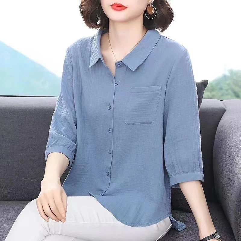 纯棉衬衫上衣女七分袖2025夏季妈妈大码女装时尚洋气翻领休闲衬衣