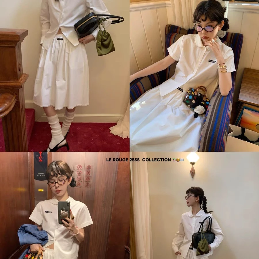le rouge周美美 miu系学院蕾丝花边翻领黑标正肩白色短袖衬衫套装