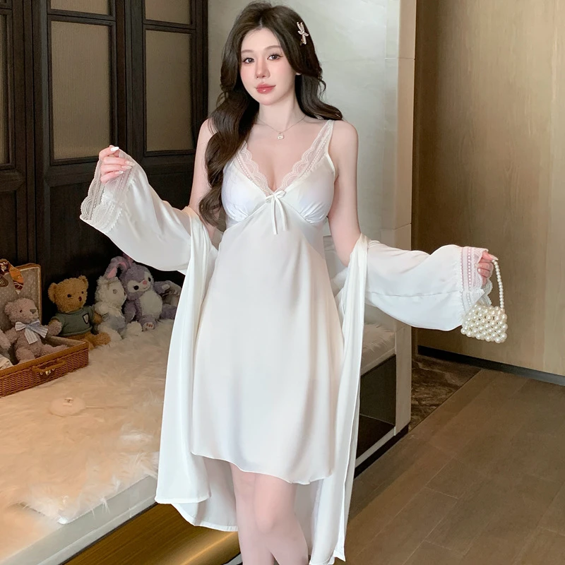 2025性感睡衣春夏吊带睡裙睡袍两件套缎面冰丝带胸垫高级感家居服