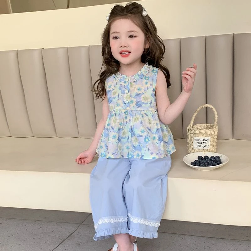 女童无袖碎花套装2025新款儿童花边背心阔腿裤洋气宝宝休闲两件套