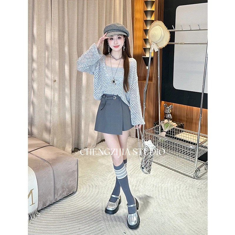 【裴诗婷】TZ00031镂空背心V领毛衣外套两件套