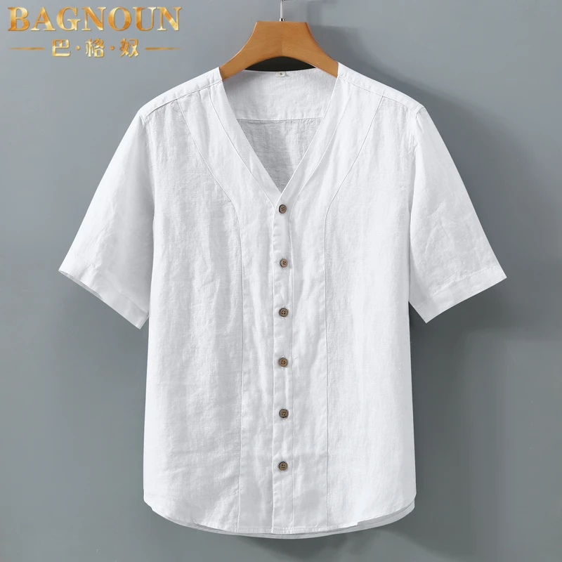 巴格奴纯亚麻短袖衬衫男士夏季新款时尚高端新中式全麻透气薄衬衣
