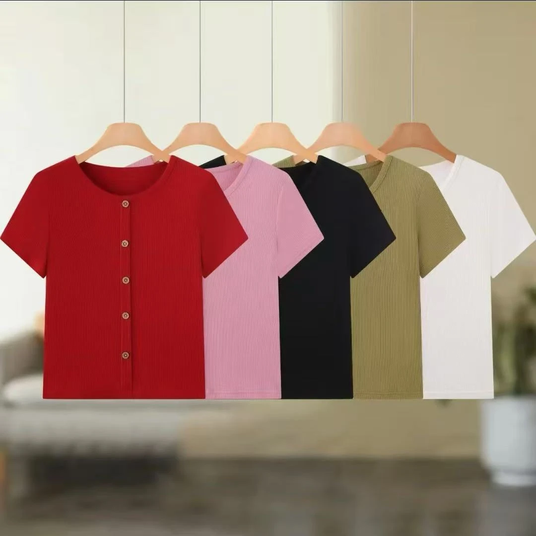 2025夏季新款圆领纽扣时尚T恤修身显瘦妈妈装百搭洋气上衣小衫