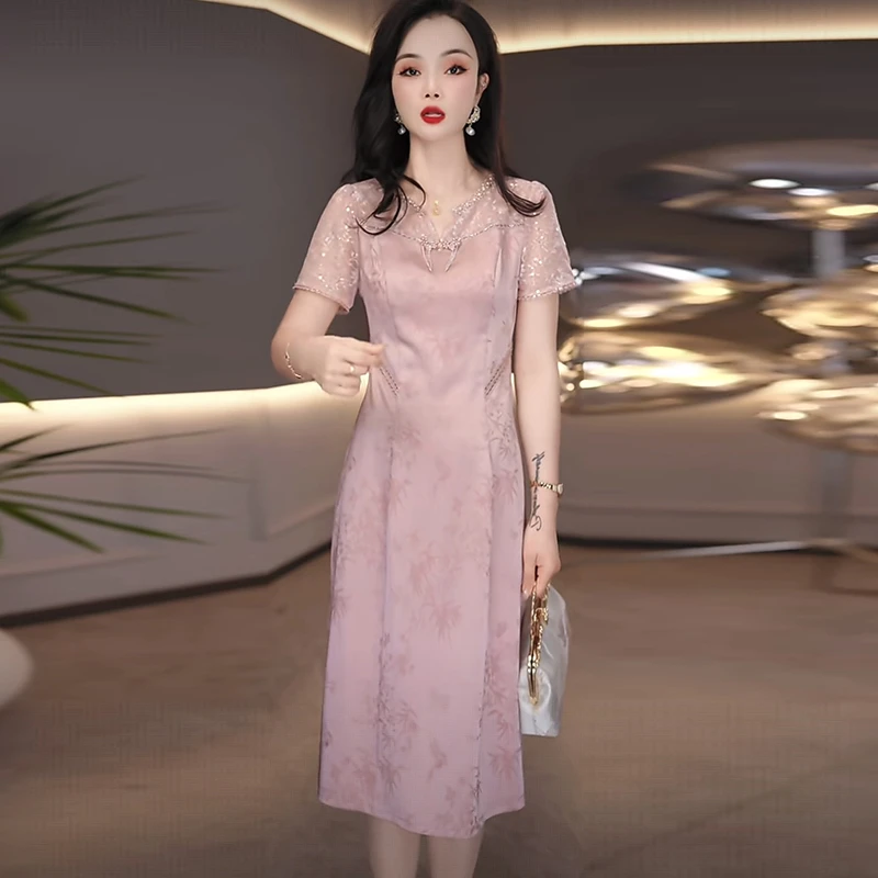 2025夏季新款修身显瘦中长款时尚气质中国风复古连衣裙M-4XL