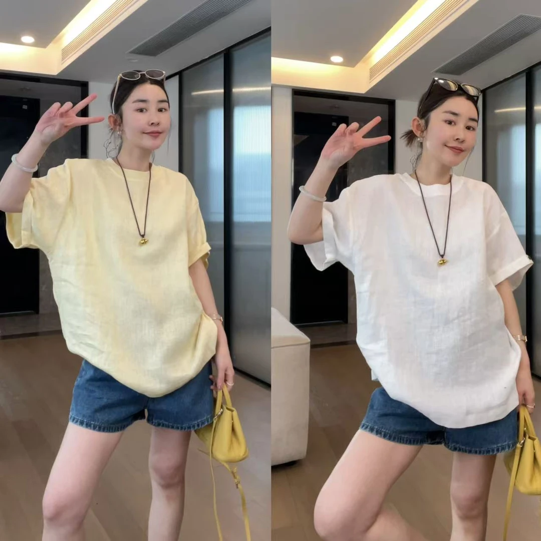 玖了个玖 2025春款 极简百搭三色麻料翻遍袖圆领短袖T恤2504C1850