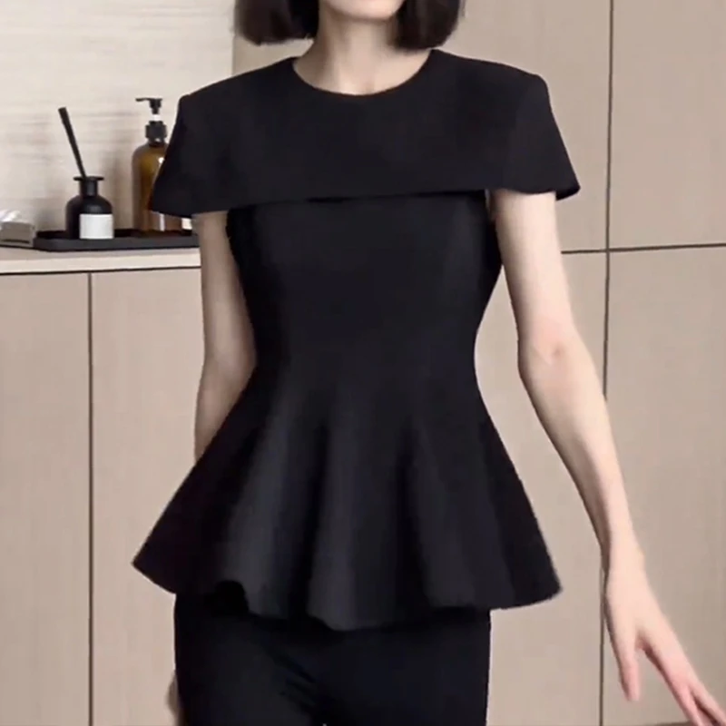 黑色气质高级感修身显瘦披肩袖T恤女夏季气质显瘦小众荷叶边上衣