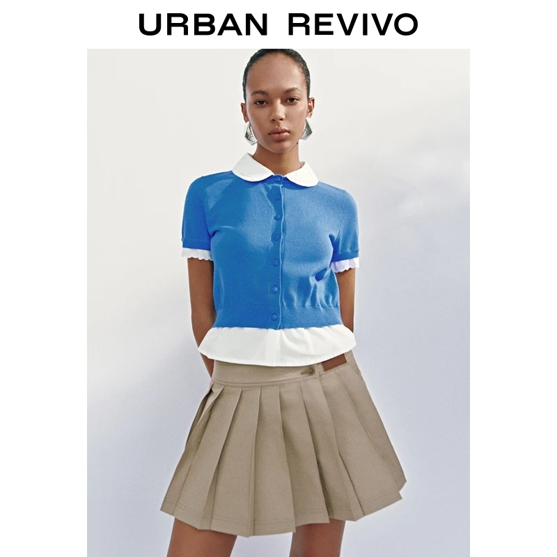 UR2025秋季新款女装撞色拼接纽扣短袖针织开衫UYL950095