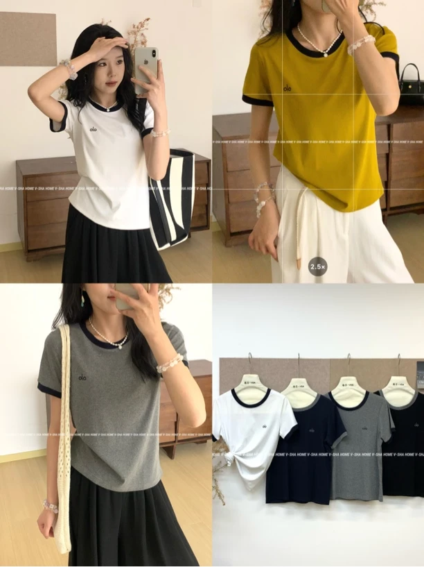 薇莎5287【现货】80-150斤撞色领刺绣OLO短袖T恤女
