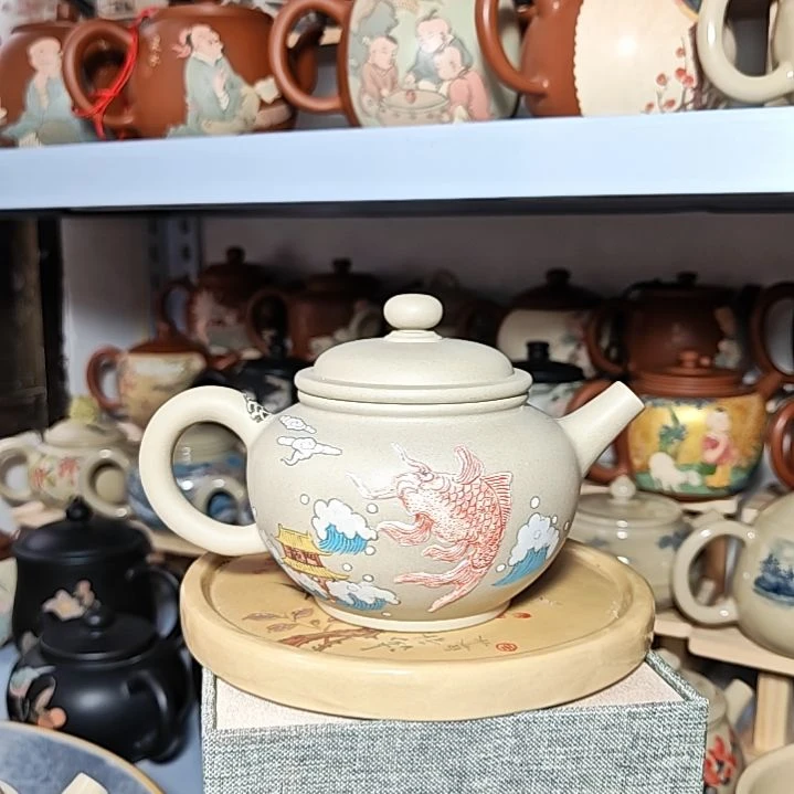 建水紫陶堆雕刻绘茶壶复烧7号