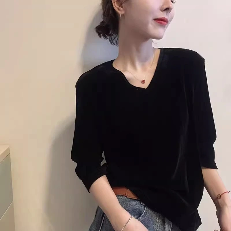 V领丝绒中袖T恤女2025秋季款韩版时尚气质洋气百搭显瘦打底衫上衣