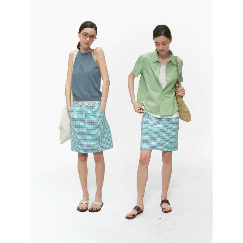 CountryMoment 纯棉色织格子直筒半身裙女夏A字短裙复古风