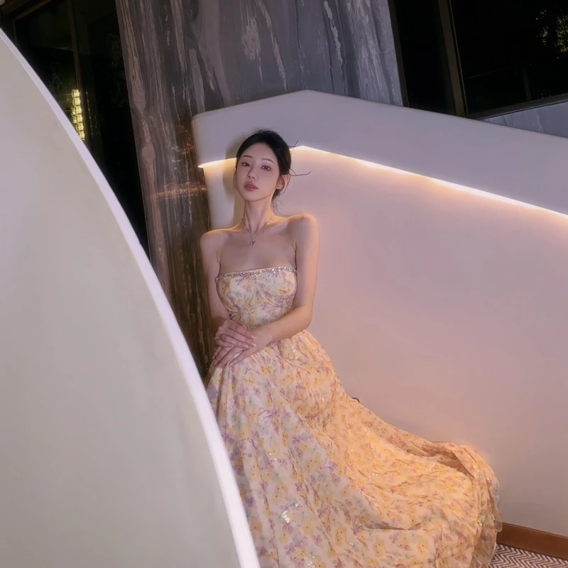 【214】网纱亮片刺绣抹胸吊带高级感碎花裙女装连衣裙DYJF-22031652